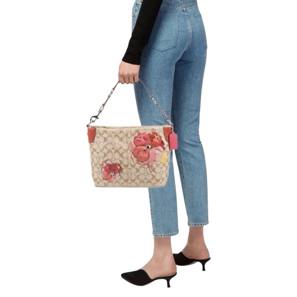 Coach Logo Canvas Floral Leather Trimmed Shoulder Bag - Picture 3 of 7